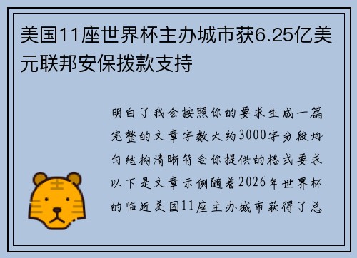 美国11座世界杯主办城市获6.25亿美元联邦安保拨款支持 美国11座世界杯主办城市获6.25亿美元联邦安保拨款支持