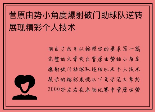 菅原由势小角度爆射破门助球队逆转展现精彩个人技术 菅原由势小角度爆射破门助球队逆转展现精彩个人技术